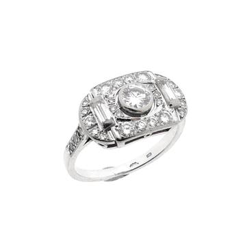 Witgouden Art-Deco ring met diamant ; 0,65 ct., Gebruikt, Ophalen of Verzenden, Kleiner dan 17, Met edelsteen