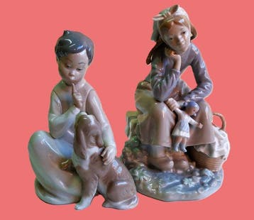Lladró - Beeldje - Niña con muñeca; Niño con perro (2) -