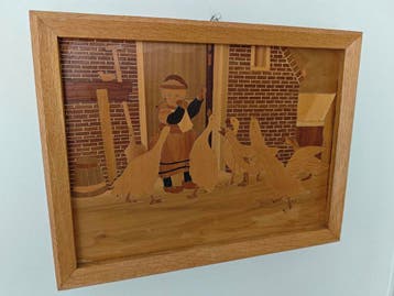 Houten intarsia wandpaneel – ganzenhoeder – handgemaakt, Verzenden