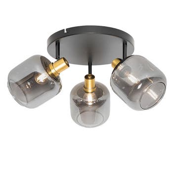 Plafondspot zwart met goud met smoke glas 3-lichts - Zuzanna, Huis en Inrichting, Lampen | Spots, Verzenden, Nieuw, Glas