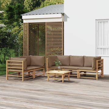 vidaXL 6-delige Loungeset met kussens bamboe taupe, Verzenden, Nieuw, Hout, Loungeset
