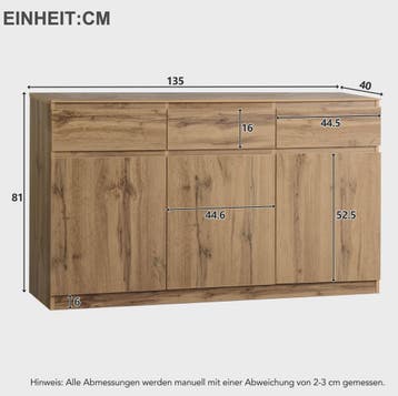 Houten Sideboard met 3 Deuren en 3 Lades - 135x40x81 cm, Huis en Inrichting, Verzenden, Nieuw