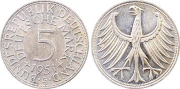 5 Mark Duitsland 5 Dm 1951 G Erstabschlag J 387 zilver, Verzenden
