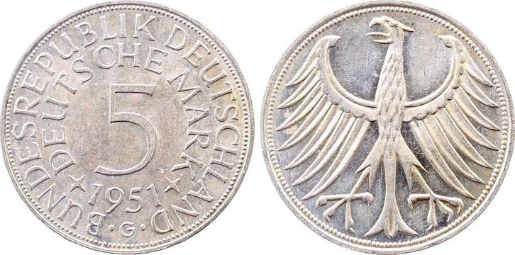 5 Mark Duitsland 5 Dm 1951 G Erstabschlag J 387 zilver, Postzegels en Munten, Munten | Europa | Niet-Euromunten, Verzenden
