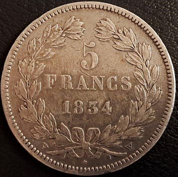 Frankrijk. Louis Philippe I. 5 Francs 1834-W, Lille (Zonder