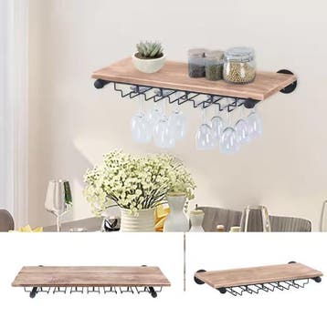 Wand Wijnrek Hout en Metaal– 61 cm Flessenrek met Glashouder, Verzenden, Nieuw