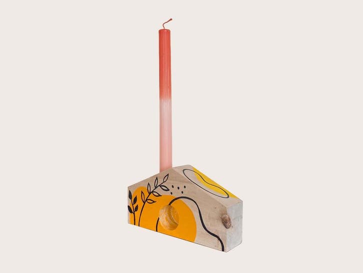 Handgeschilderde Kaarsenhouder - Gerecycled Hout - Geel, Huis en Inrichting, Woonaccessoires | Kandelaars en Kaarsen, Nieuw, Ophalen of Verzenden