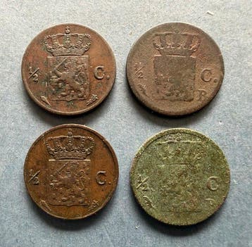 Nederland. Willem I. 1/2 cent 1822 U + B en 1/2 cent 1827 U
