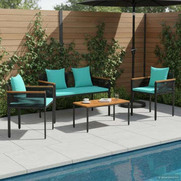 vidaXL Buitenmeubelset met kussen Zwart en Turquoise poly, Verzenden, Nieuw, Rotan, 4 zitplaatsen