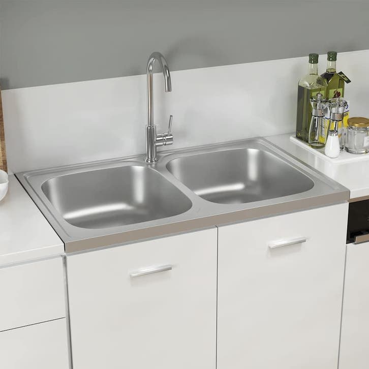 vidaXL Gootsteen dubbele bakken 800x500x155 mm roestvrij, Doe-het-zelf en Verbouw, Sanitair, Nieuw, Verzenden