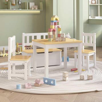 vidaXL 4-delige Kindertafel- en stoelenset MDF wit en beige, Verzenden, Nieuw