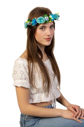 KIMU® Glitter Bloemenkrans Haar Rozenkrans Blauw Blauwe Bloe, Kleding | Dames, Ophalen of Verzenden, Nieuw, Carnaval, Accessoires
