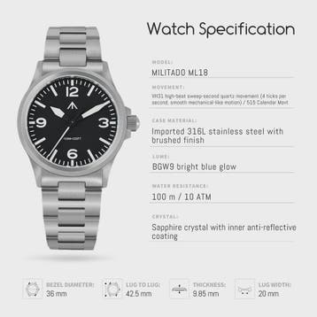 Militado ML18 Herenhorloge - 36mm, Sweep Second Quartz, Saff, Verzenden