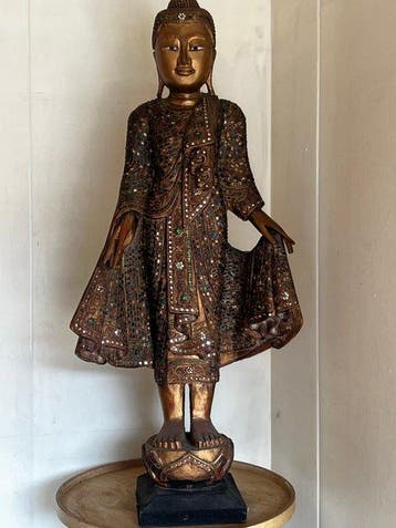 Grote handgesneden Birmese Boeddha – verguld hout met, Antiek en Kunst