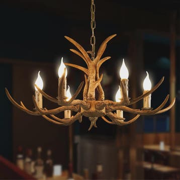 Vintage Herten Gewei Kroonluchter - 6-Lichts Hanglamp in Bru, Verzenden, Nieuw