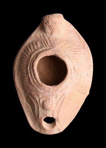 Byzantijns Terracotta Slipper-olielamp met geometrische, Antiek en Kunst