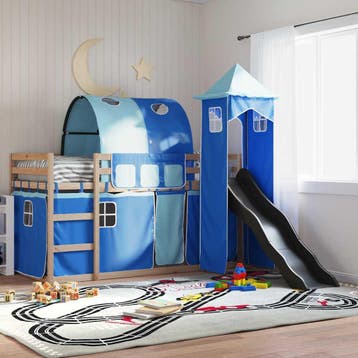 vidaXL Stapelbed met glijbaan en gordijnen blauw 80x200 cm, Eenpersoons, Nieuw, 80 cm, 200 cm