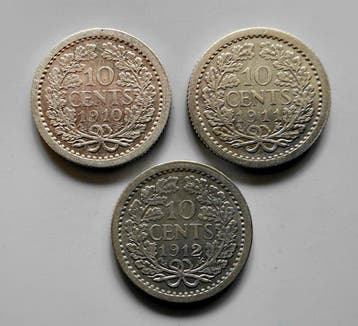 Nederland. Wilhelmina. 10 cent 1910, 1911 en 1912 (totaal