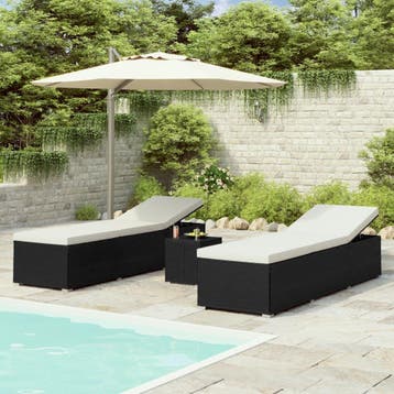 vidaXL 3-delige Ligbeddenset met theetafel poly rattan zwart, Verzenden, Nieuw