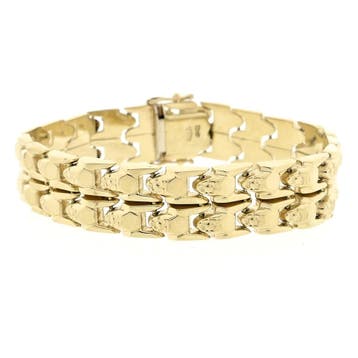 Gouden brede fantasie schakelarmband, Ophalen of Verzenden, Gebruikt, Goud, Goud