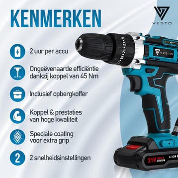 Vesto® PowerDrive Accuboormachine - Accu Schroefboormachine, Verzenden, Zo goed als nieuw
