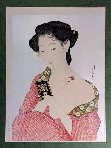 Woman Applying Makeup - Authentic Woodblock Print - Large
