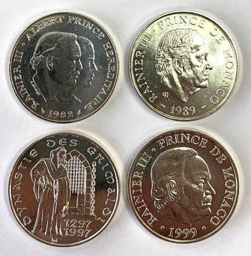 Monaco. 100 Francs 1982/1999 (lot de 4 monnaies en argent)