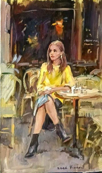 Vincent Igor Ilinskiy (XX-XXI) - Woman Reading in Café, Antiek en Kunst, Kunst | Schilderijen | Klassiek