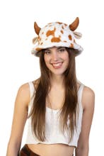 Buckethat Koe Bruin Wit Fleece Hoed Hoorns Oren Vlekken Rund, Ophalen of Verzenden, Nieuw