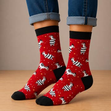 Sokken katoen - zebra print - rood zwart wit - maat 36-43, Nieuw