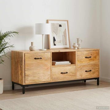 vidaXL Tv-meubels met lade Bruin 110 x 30 x 46 cm Massief, Huis en Inrichting, Kasten | Televisiemeubels, Minder dan 50 cm, Verzenden