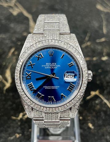 Rolex Datejust 41 - Blue Roman - New - Iced Out - Diamonds, Staal, Polshorloge, Nieuw, Rolex