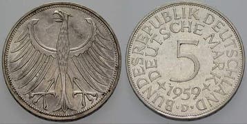 5 duitse Mark 1959 D 5 Mark Kursmunten Bondsrepubliek Dui..., Postzegels en Munten, Munten | Europa | Niet-Euromunten, Verzenden