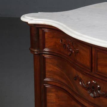 Mahonie commode  met wit marmer ca 1870 3-zijdig gebogen No7, Ophalen of Verzenden