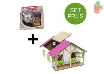 Kids Globe Set Houten Paardenstal 2 Boxen (Roze/1:24) + 4..., Ophalen of Verzenden, Nieuw
