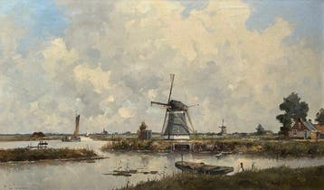M. de Jongere (1912-1977) - Polderlandschap met molens bij, Antiek en Kunst