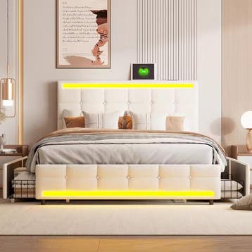 Opbergbed met LED, USB-poorten, 4 Lades en Hoofdbord, Verzenden, Nieuw