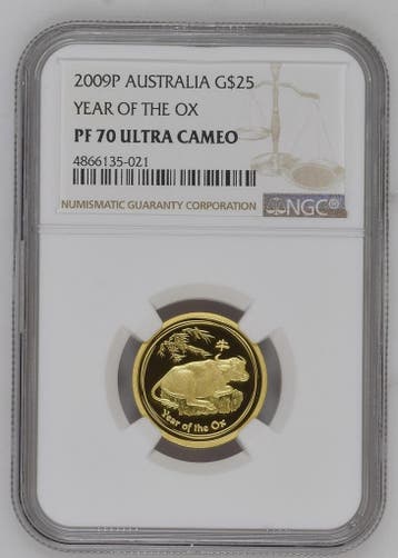 Gouden Lunar II - 1/4 oz 2009 Year of the Ox PF70UCAM NGC, Verzenden, Losse munt, Goud
