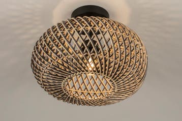Rietveld Plafondlampen - Zwart, Naturel - Metaal, Hout, Rota, Huis en Inrichting, Lampen | Plafondlampen, Verzenden, Nieuw