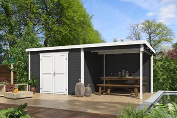 Outdoor Life Blokhut Kjeld met Overkapping Carbon Grey-Wit, Tuin en Terras, Tuinhuizen, Nieuw