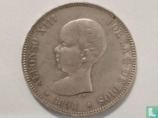 Spanje 5 pesetas 1890 (MP-M), Postzegels en Munten, Munten | Europa | Niet-Euromunten, Losse munt, Goud, Zilver, Verzenden
