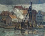 Hollandse School (XX) - Havengezicht met industrieel element, Antiek en Kunst, Kunst | Schilderijen | Klassiek