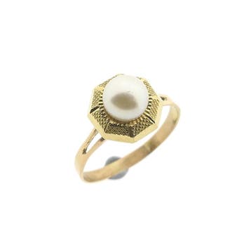 Vintage bicolor gouden ring met parel, Gebruikt, Ophalen of Verzenden, 17 tot 18, Met edelsteen