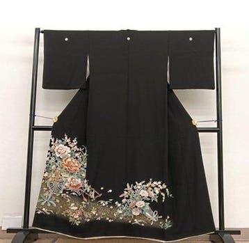 Prachtige Kurotomesode-kimono - pure zijde, 5 kamon, goud