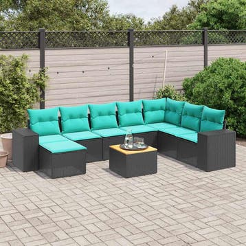 vidaXL 9-delige tuinbankset met kussens van zwart polyrotan, Verzenden, Nieuw
