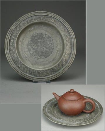 Teapot tray - Tin - Dragon and Phoenix - China - Qing, Antiek en Kunst