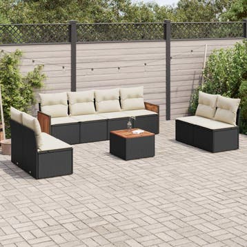 vidaXL 9-delige Loungeset met kussens poly rattan zwart, Tuin en Terras, Verzenden, Nieuw, Loungeset