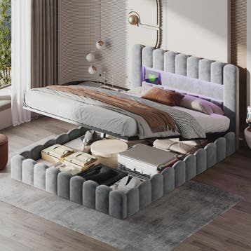 Luxe Gestoffeerd Dubbel Bed met LED Verlichting en USB Poort, Verzenden, Nieuw