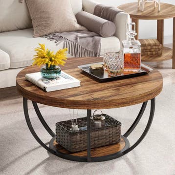 2-Laags Ronde Salontafel – Industriële Stijl 81x81x45cm, Huis en Inrichting, Tafels | Salontafels, Overige houtsoorten, 50 tot 100 cm