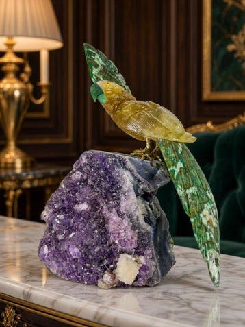 Fraai stuk - Handgesneden gele papegaai op amethyst -